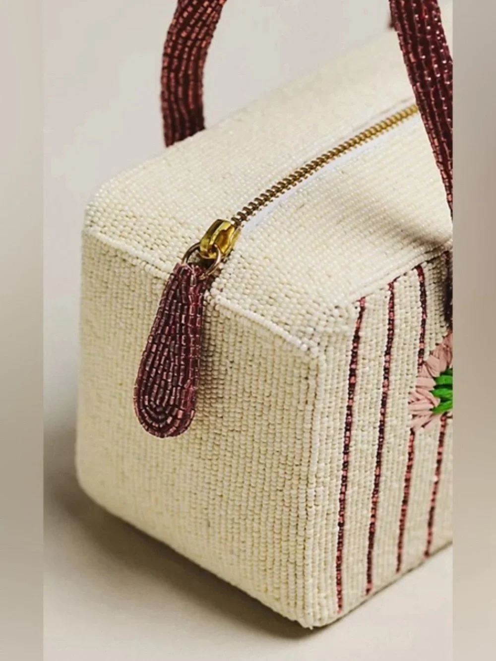 NWT new Anthropologie beaded box shaped bag purse floral cream burgundy stripe